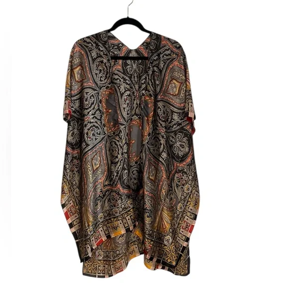 Boho Silk Paisley Black Gold Caftan Kimono Open Front Cover Up One Size - Picture 2 of 5